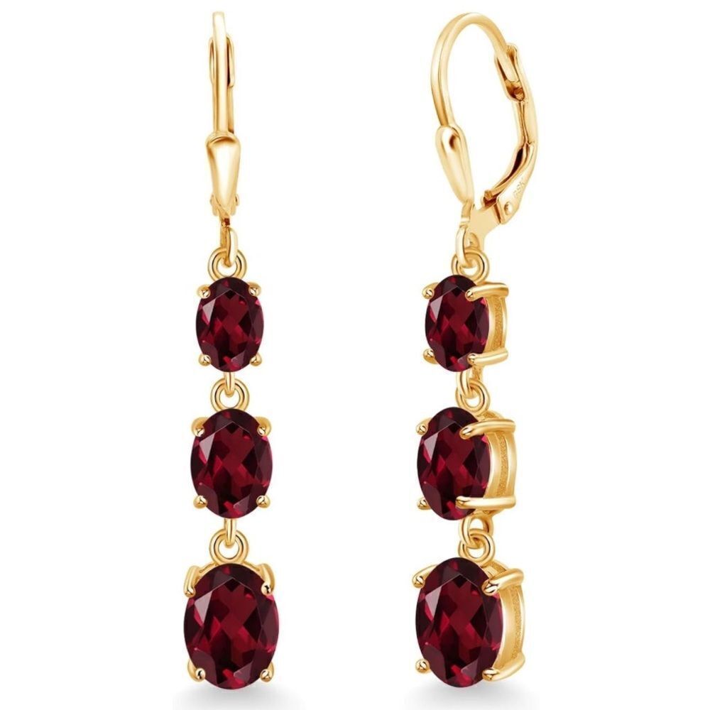 18K Yellow Gold with 5.50 Cttw 3 Stone Rhodolite Garnet Leverback Drop Earrings